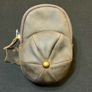 Distressed Brown Leather Baseball Cap Shaped Belt Pouch Coin Purse